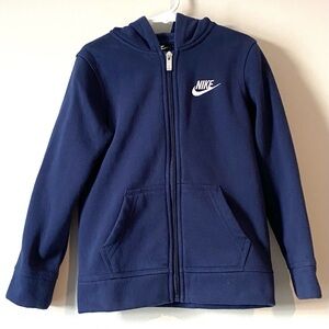 Nike Jacket Boys M Size 5-6Yrs Navy Blue Full Zip Swoosh Logo Hood Long Sleeve